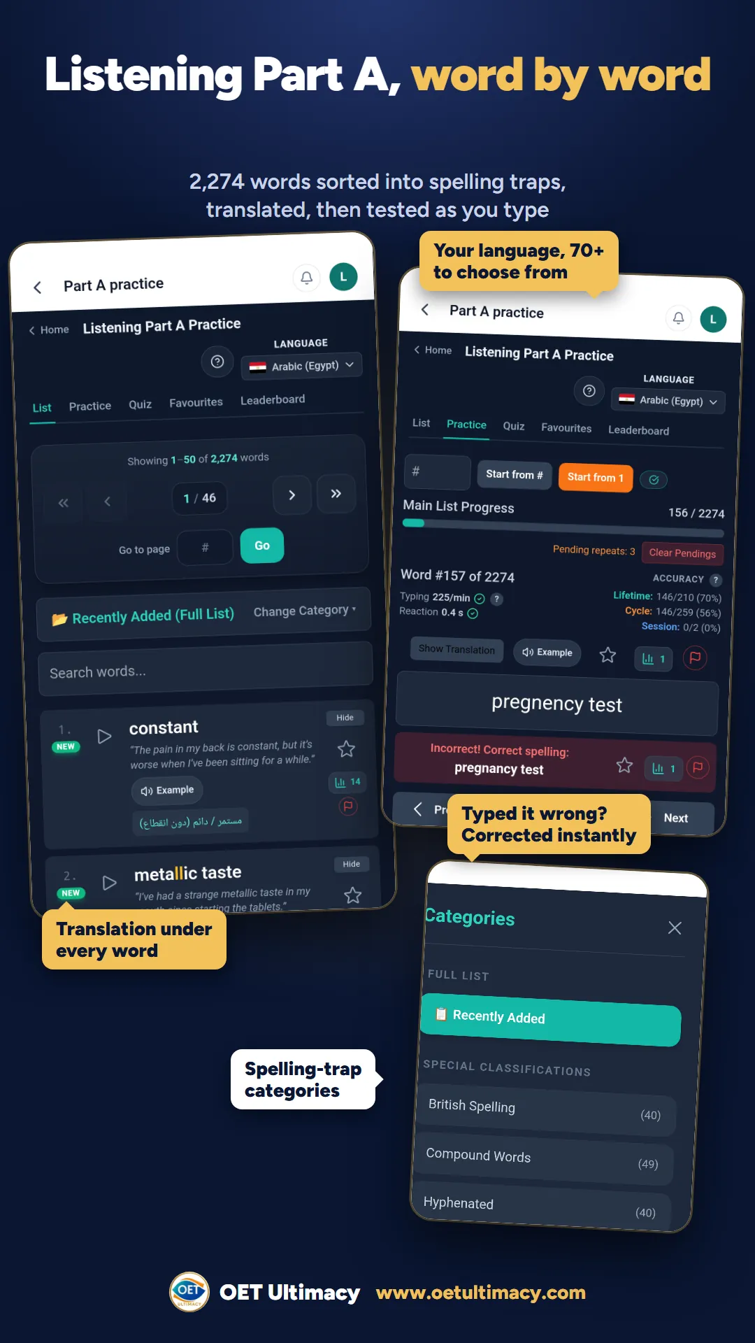 OET Listening Part A practice in the OET Ultimacy app: words sorted into spelling traps, a translation under every word, typed and corrected instantly