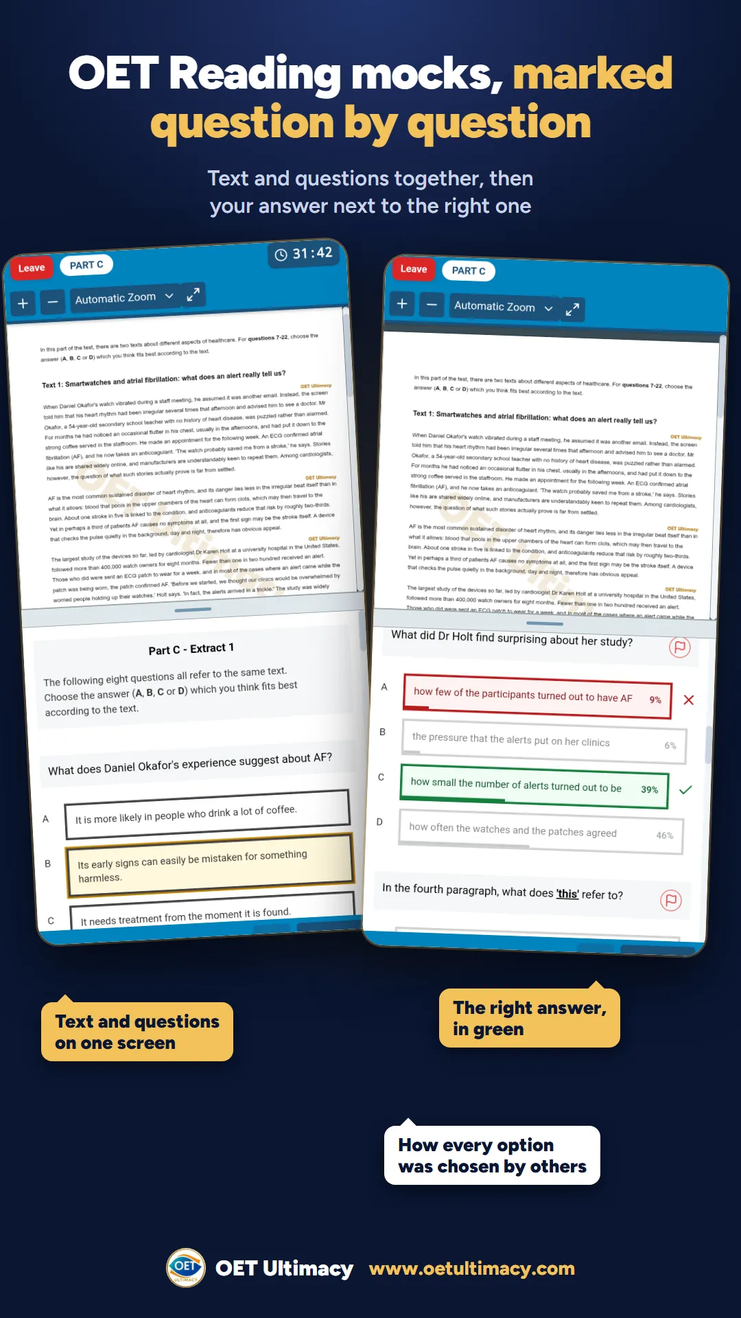 OET Reading mock test in the OET Ultimacy app: text and questions on one screen, the right answer in green and how every option was chosen by others