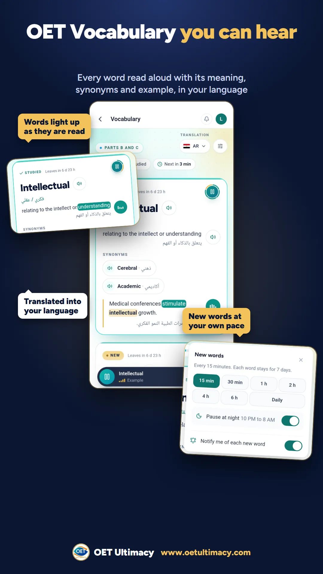 OET Vocabulary in the OET Ultimacy app: a word with its meaning, synonyms and example, translated, with new-word notifications