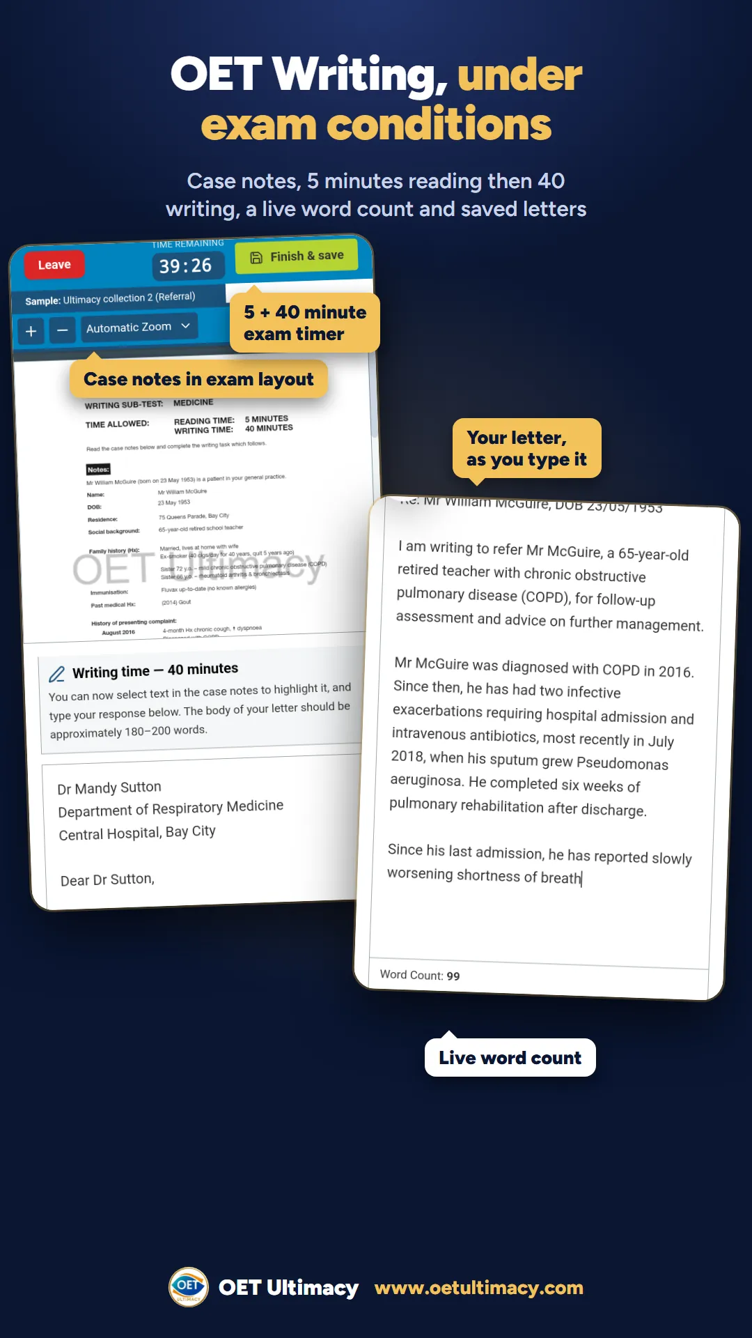 OET Writing practice in the OET Ultimacy app: case notes, a 5 plus 40 minute exam timer and a live word count