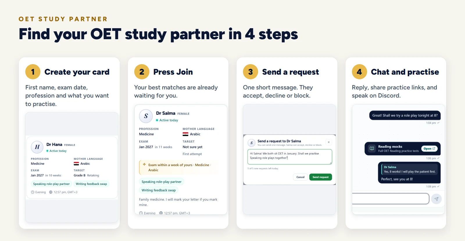 Find an OET study partner in 4 steps: create your card, press Join, send a request, chat and practise