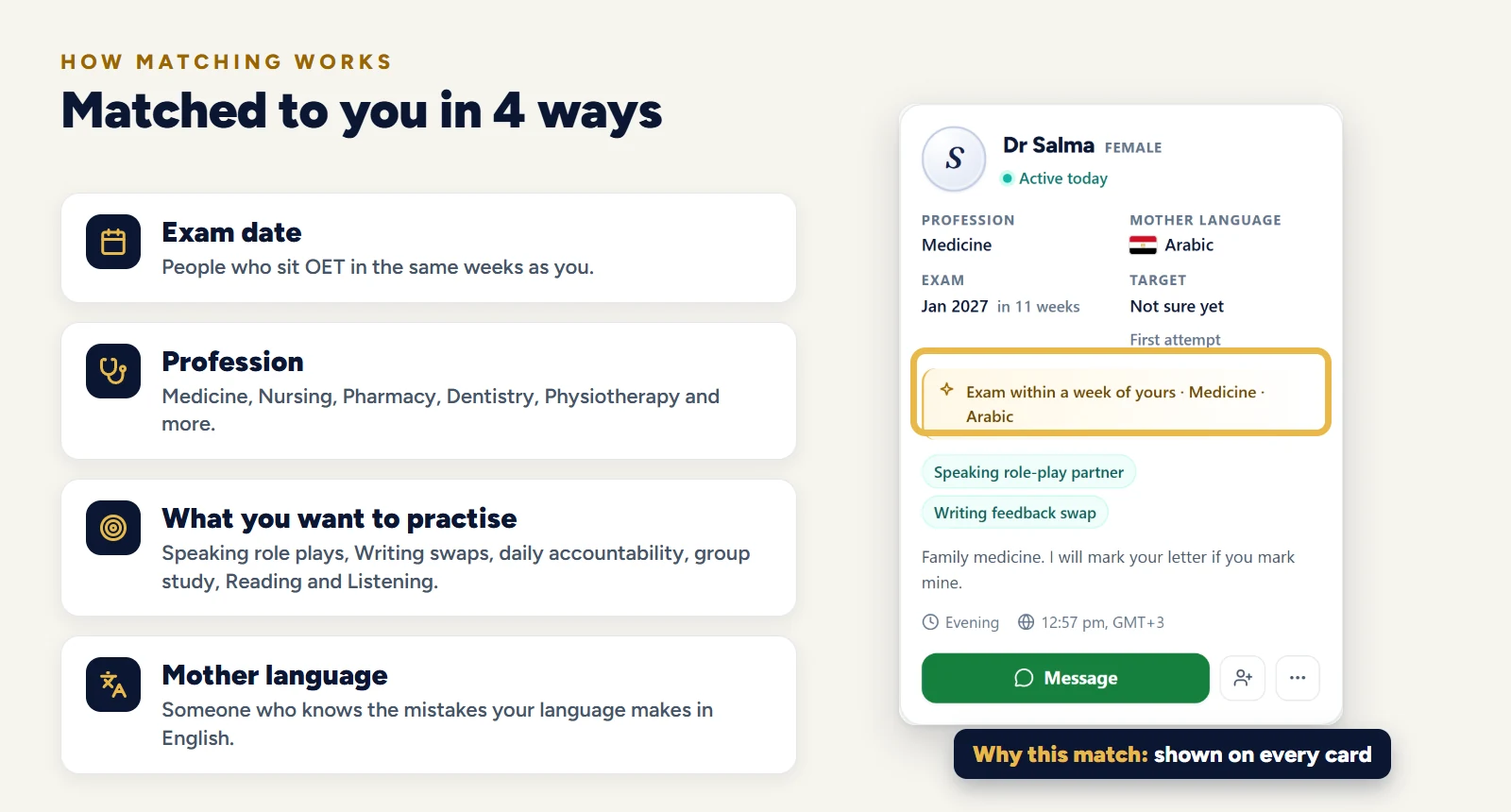 How OET Study Partner matches you: exam date, profession, what you want to practise and mother language, with the why this match line on a real partner card