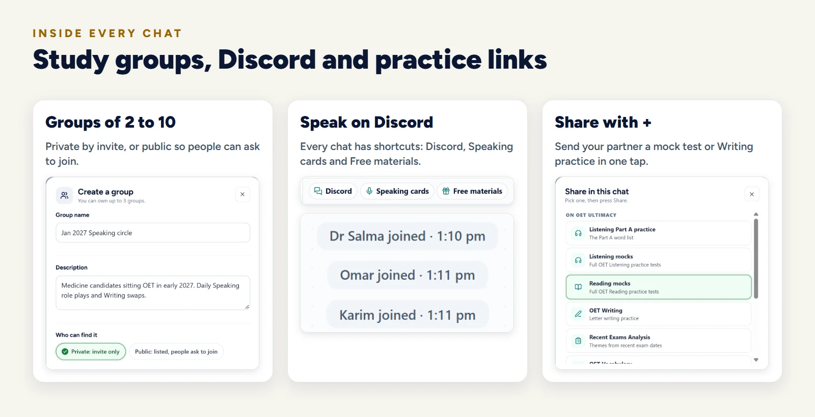 OET study groups of 2 to 10 people, the Discord, Speaking cards and Free materials shortcuts, and sharing practice links with the + button